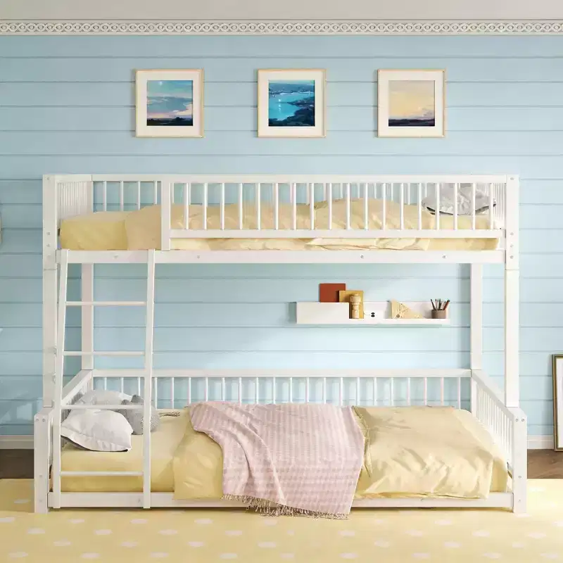 Metal Floor Bunk Bed Frame with Guardrails, Detachable into 2 beds