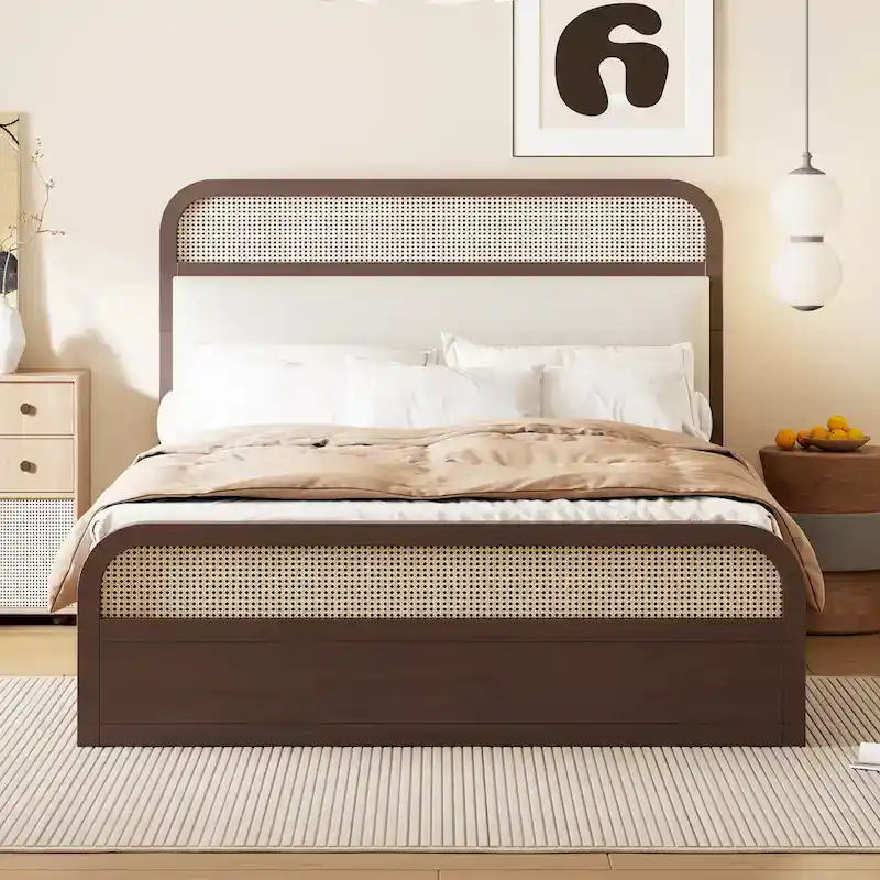Boho Cane Wooden Platform Bed Queen Storage Bed with Wooden Headboard, Trundle and 2 Storage Drawers