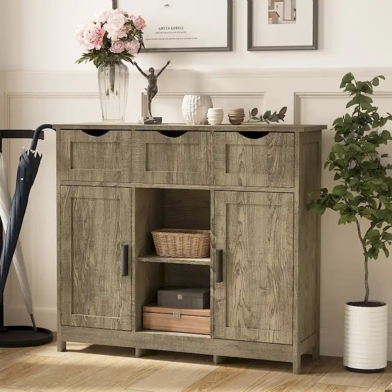 3-Drawer 2-Door Storage Cabinet – Vintage / Grey, MDF, Adjustable Shelves