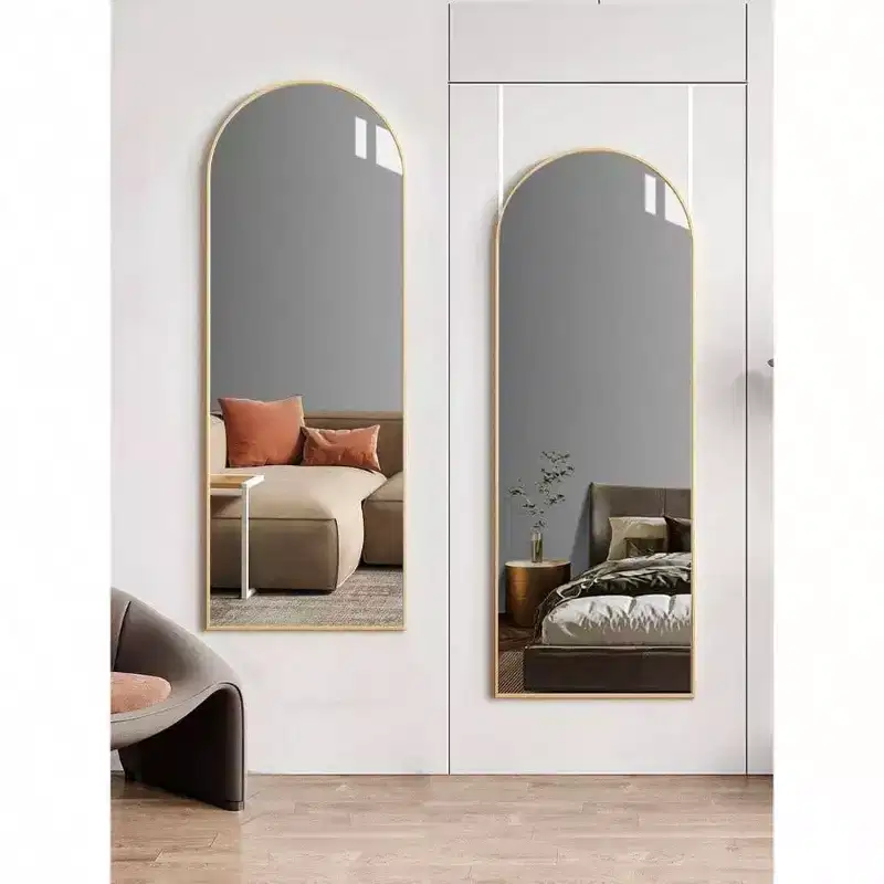 Gold Arched Full Length Mirror, 48x14 Inch. Shatter-Proof, Aluminum Frame for Over-Door or Wall Mount in Any Room