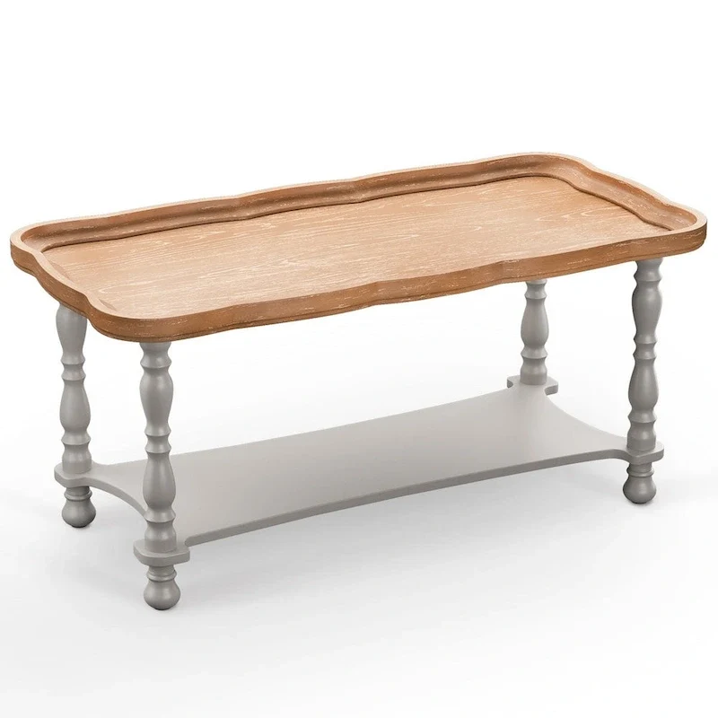 French Farmhouse Coffee Table with Natural Tray Top and Shelf