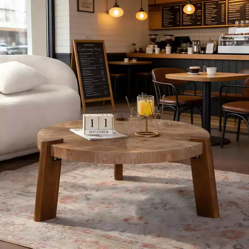 JVNOXK 36.61 Round Herringbone Coffee Table, Solid Wood & MDF Rustic Accent Table with Tapered Legs, Natural Distressed Wood Finish for Living Room