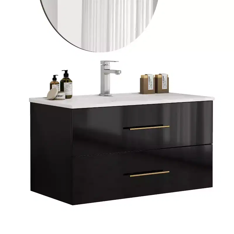 Bathroom Vanity Wall-Mounted with Sink, Double Drawers, Ceramic Sink, Long Metal Handle, Easy to Install