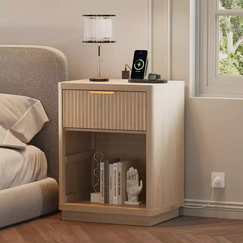 Fluted Nightstand with Charging Station, Mid Century Modern Fluted Nightstand, Wooden Night Stand, Modern End Table with Curved Corners