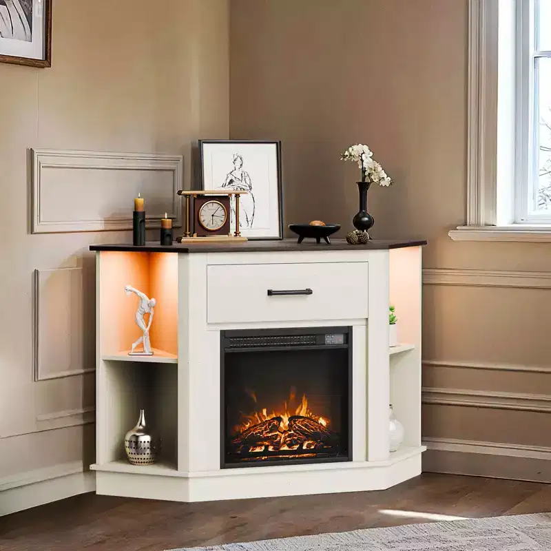 VEVOR Fireplace TV Stand, for TVs up to 50 inch, Farmhouse Entertainment Center with 18 inch Fireplace, White