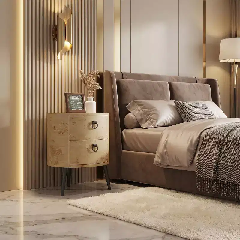 Modern Round Side Table with 2 Drawers, Wooden Accent End Table Nightstand with Metal Legs, Bedroom Living Room Apartment