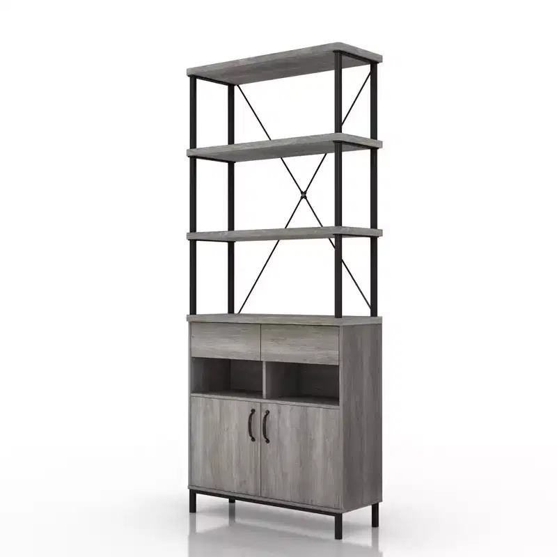 Rustic Bookcase with Storage, Metal Frame : Industrial Design, Enclosed Cabinet