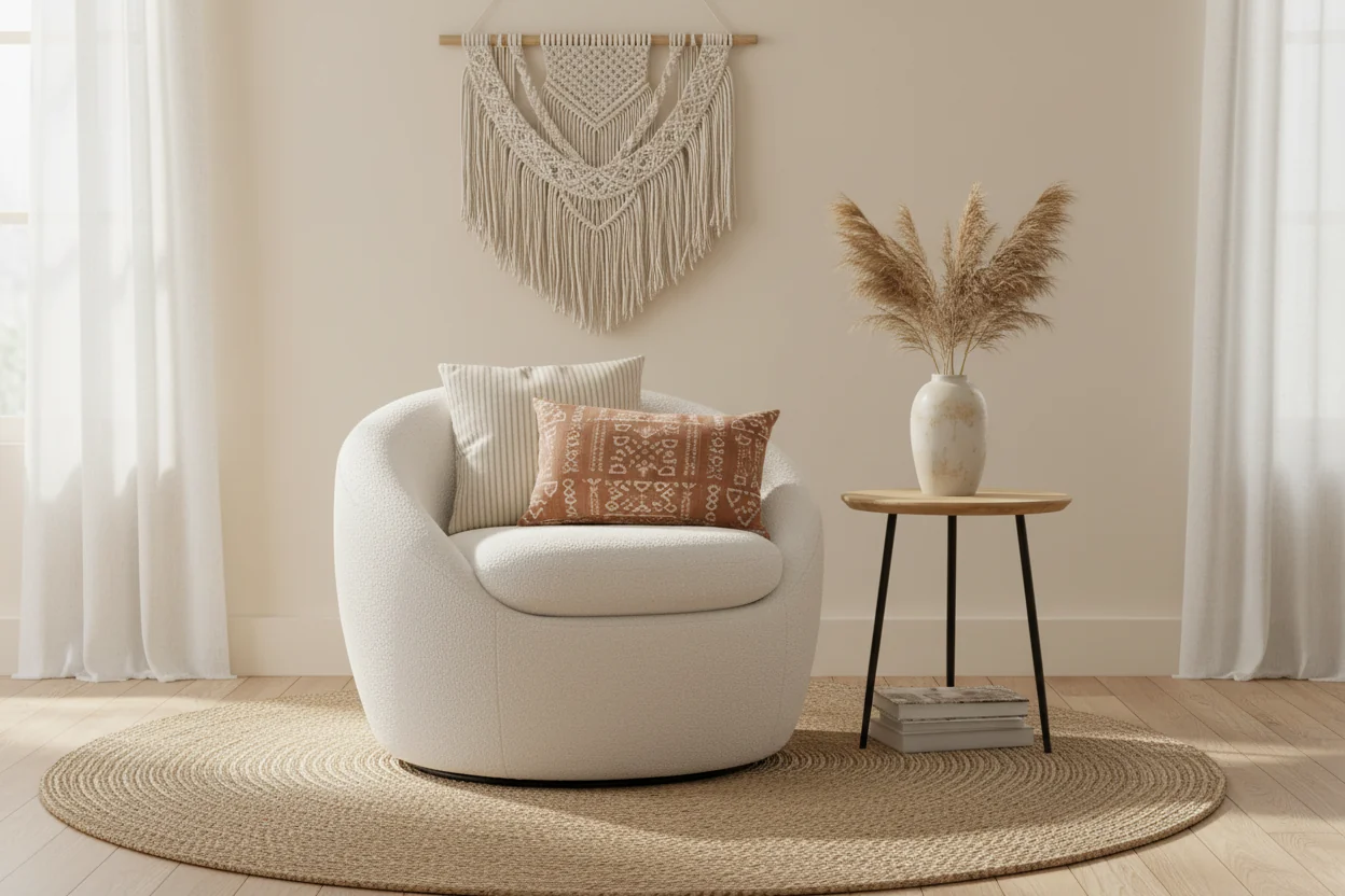 Modern Boucle Swivel Barrel Accent Chair with 360 Base and Cushioned Seat, for Living Room or Bedroom, White