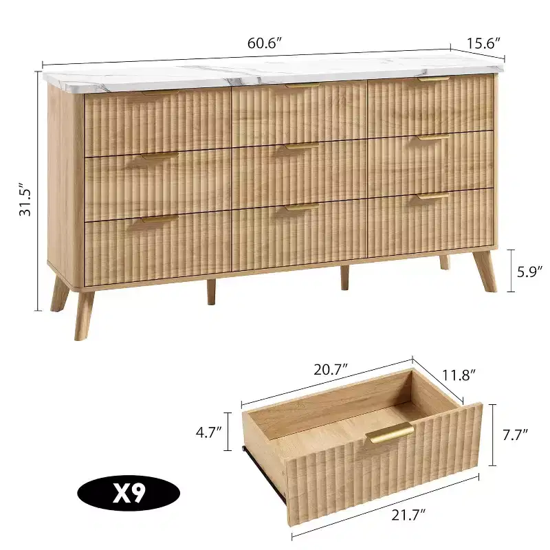 9 Drawers Fluted Dresser, Modern Chest, Wooden Dresser TV Stand, Curved Profile Design, for Living Room, Hallway