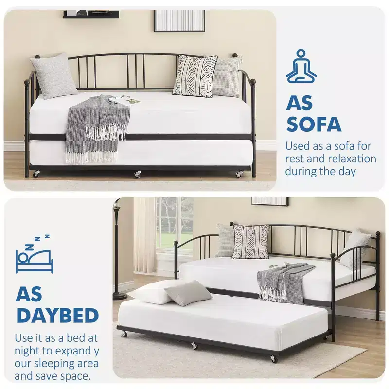 GustoWave Twin Size Metal Daybed with Trundle and Steel Slat Support, Twin Sofa Bed with Arched Headboard