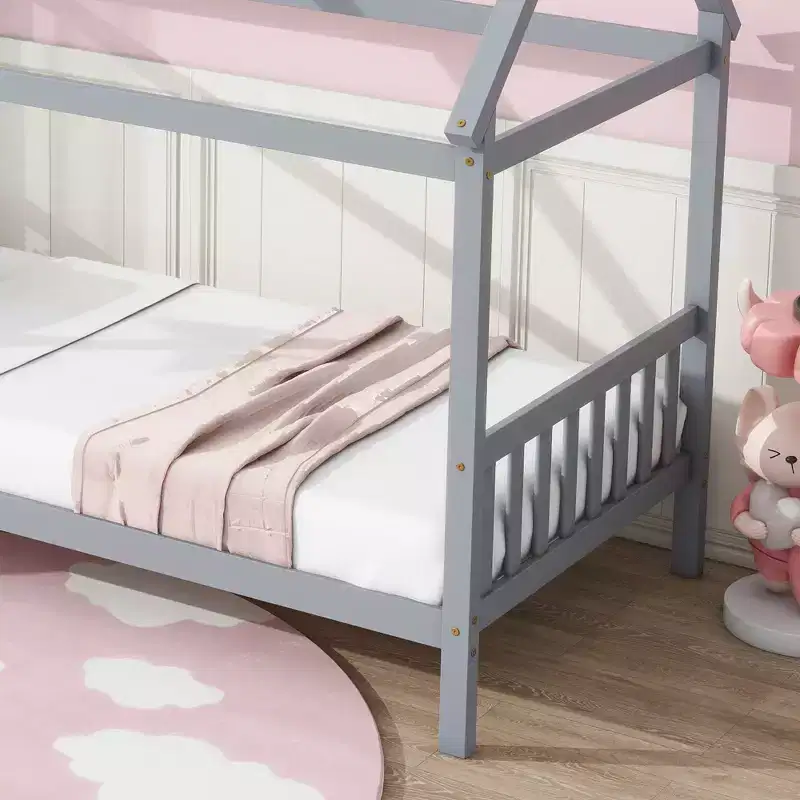 MAYEERTY Twin Rubber Wood Bed with House Frame Gray