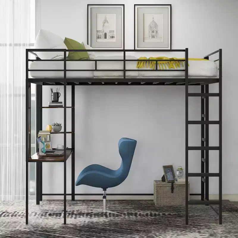Okak 79.5IN Full Size Metal Loft Bed with 2 Ladders, Bed Frames With Desk, 2 Shelves and Safety Guardrails, Bunk Bed for Bedroom, Dormitory