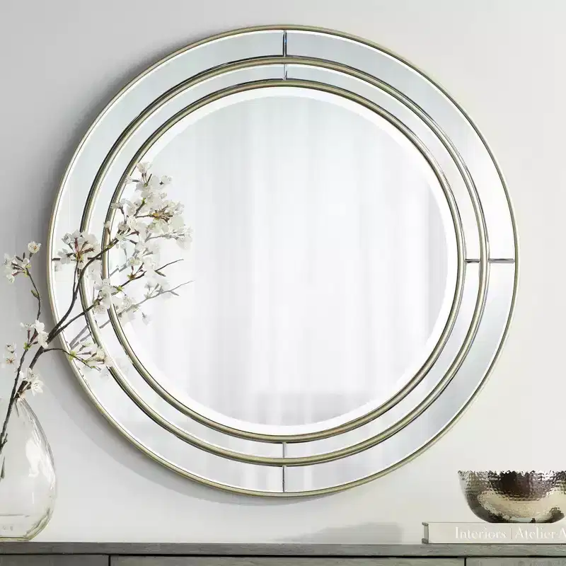 Round Beveled Wall Mirror with Matte Champagne Frame, 31.75 Inch
