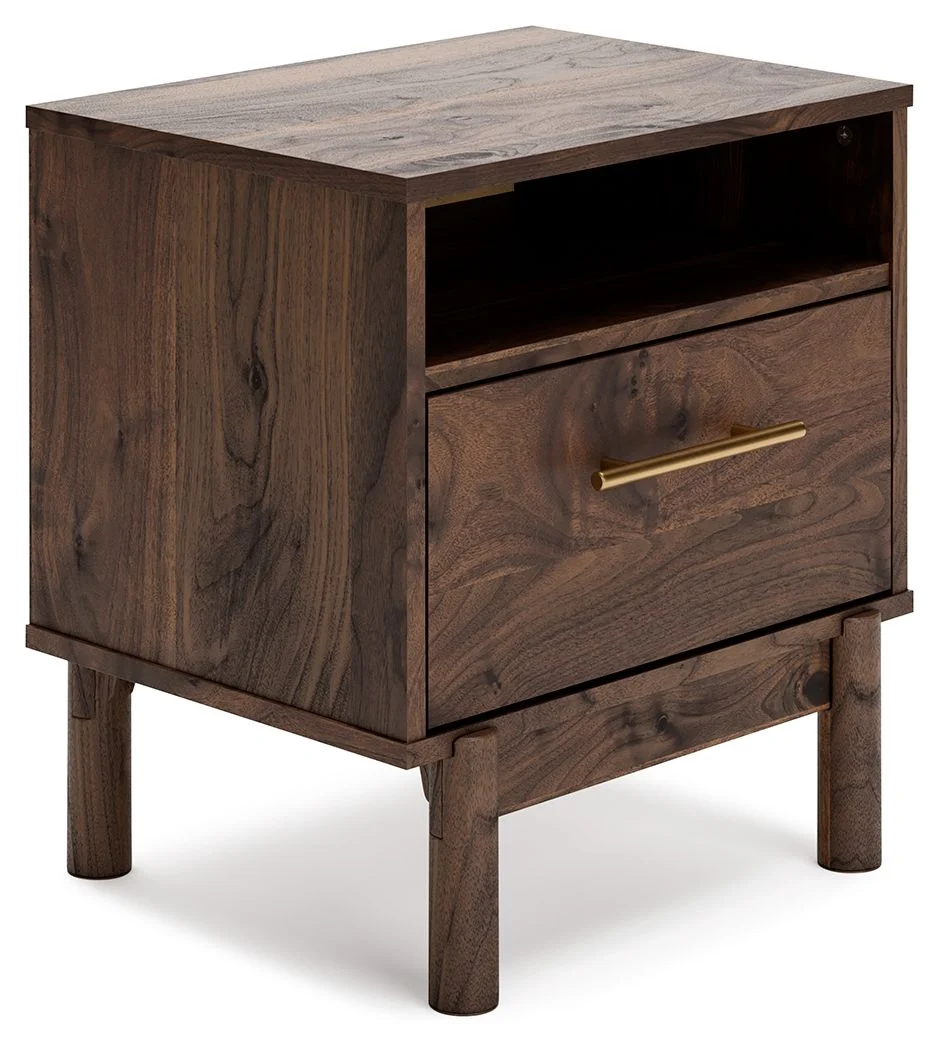 Nightstand S d with a rich finish over replicated walnut wood grain, paired with a goldtone