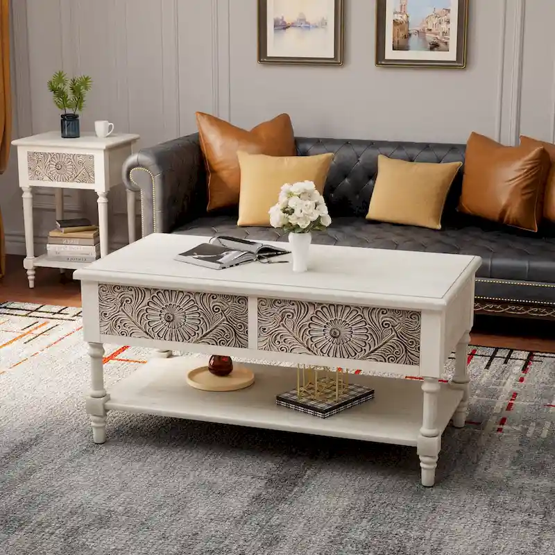 VENTOPYR Mid-Century Modern Rectangular Coffee Table with 2 Drawers and Shelf