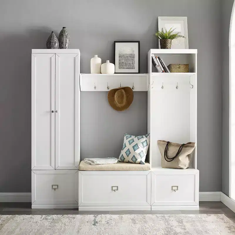 4pc Harper Entryway Set with Bench, Shelf, Hall Tree and Pantry Closet Set White - Crosley