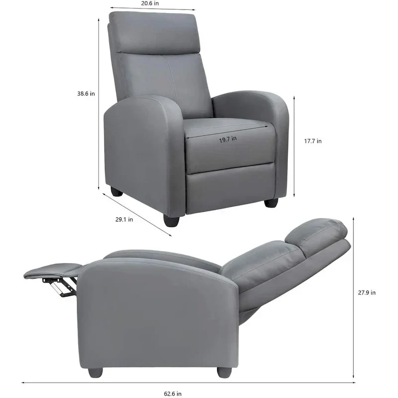 PU Leather Push-Back Recliner Chair, Brown / Black / Grey / Khaki / Red / Beige, Single