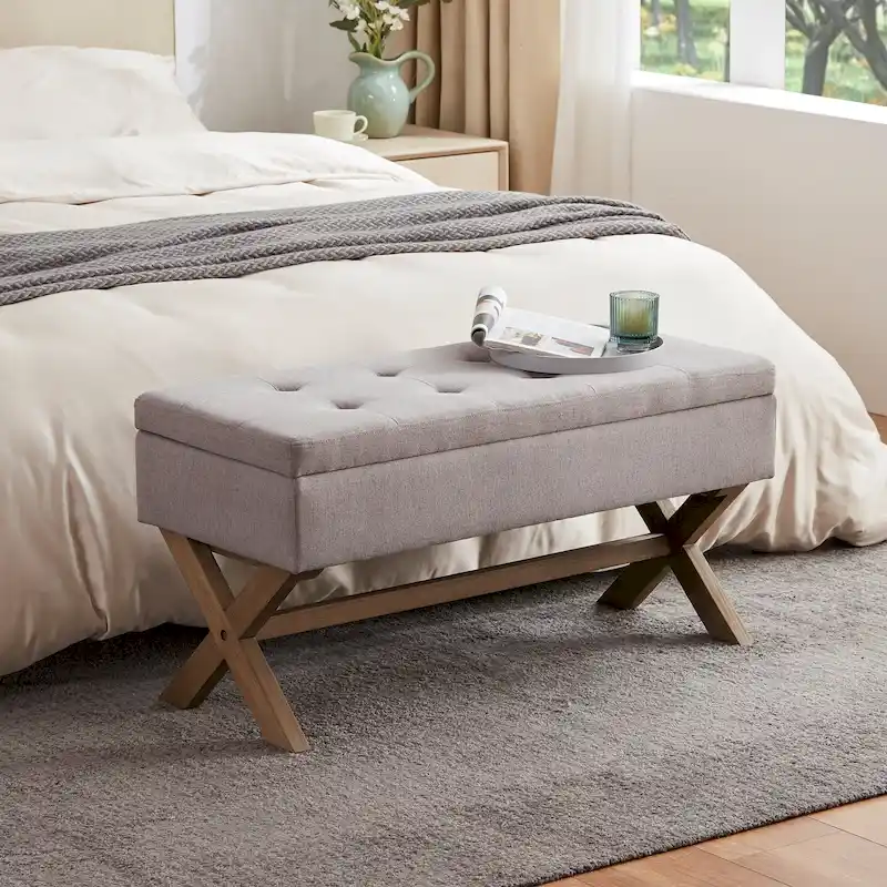 Fabric Entryway Bench Beige/ Grey Upholstered Storage Bench with X-Shaped Legs, 36-inch