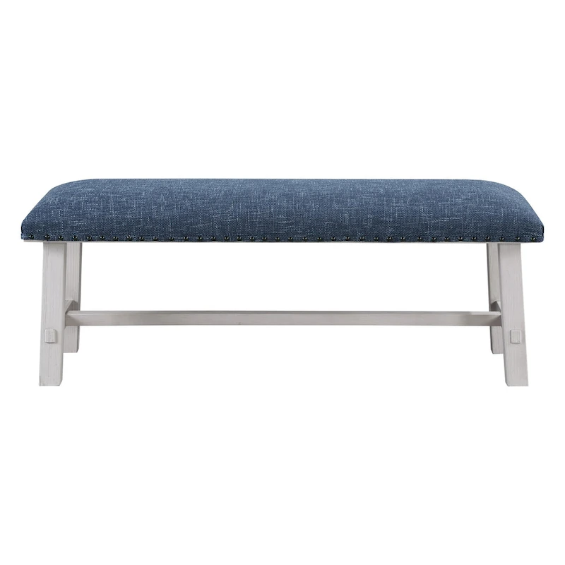 OS Home and Office Furniture Callen Bench with White Wash Frame and Antique Bronze Nailhead Trim in Navy Fabric