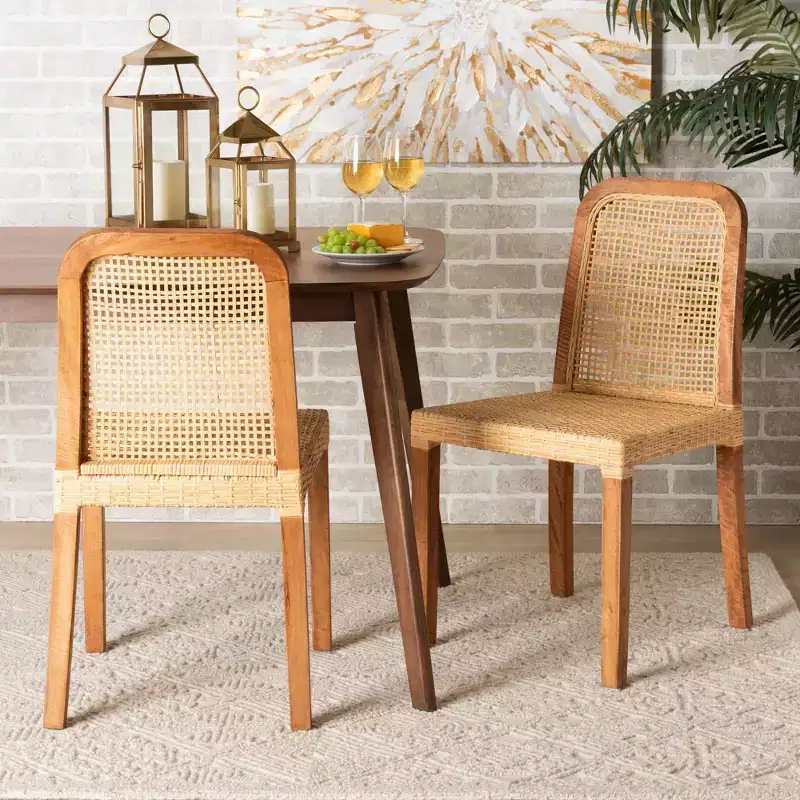 Wood and Rattan Dining Chair Natural/Walnut: Solid Mango, Indonesian Craftsmanship