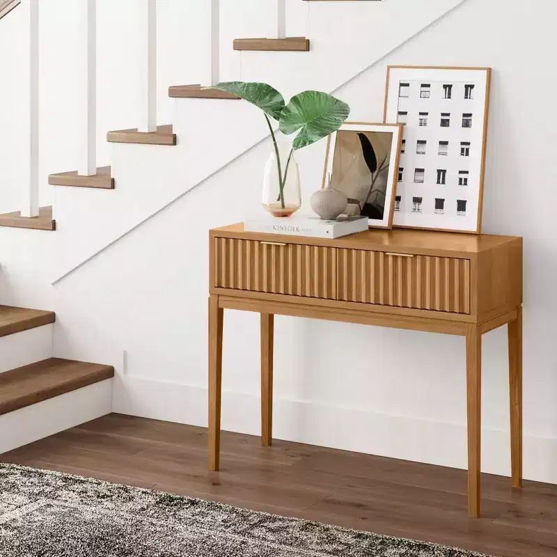 Fluted 2-Drawer Console Table – Tapered Legs, Brass Handles, Mid-Century Modern
