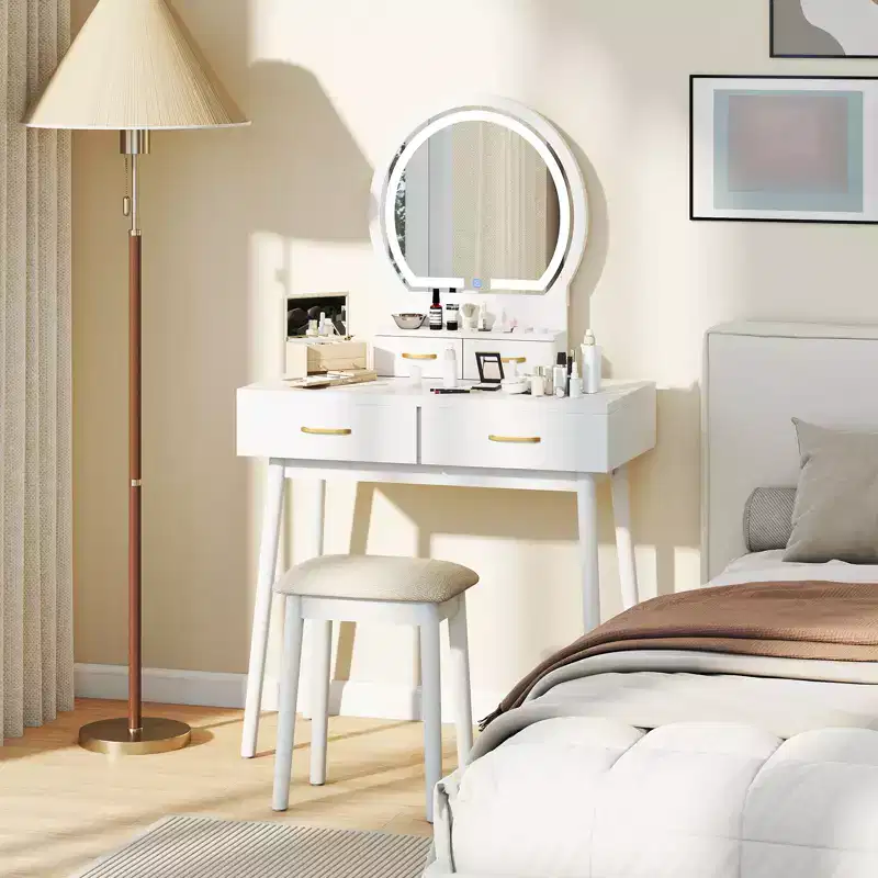 LED Lighted Vanity Desk with Mirror, Cushioned Stool & 3 Lighting Modes