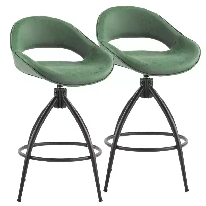 Karl Home 2 Piece Set of Green Swivel Bar Stools with Hollow - out Backrest, PU Upholstery & Powder