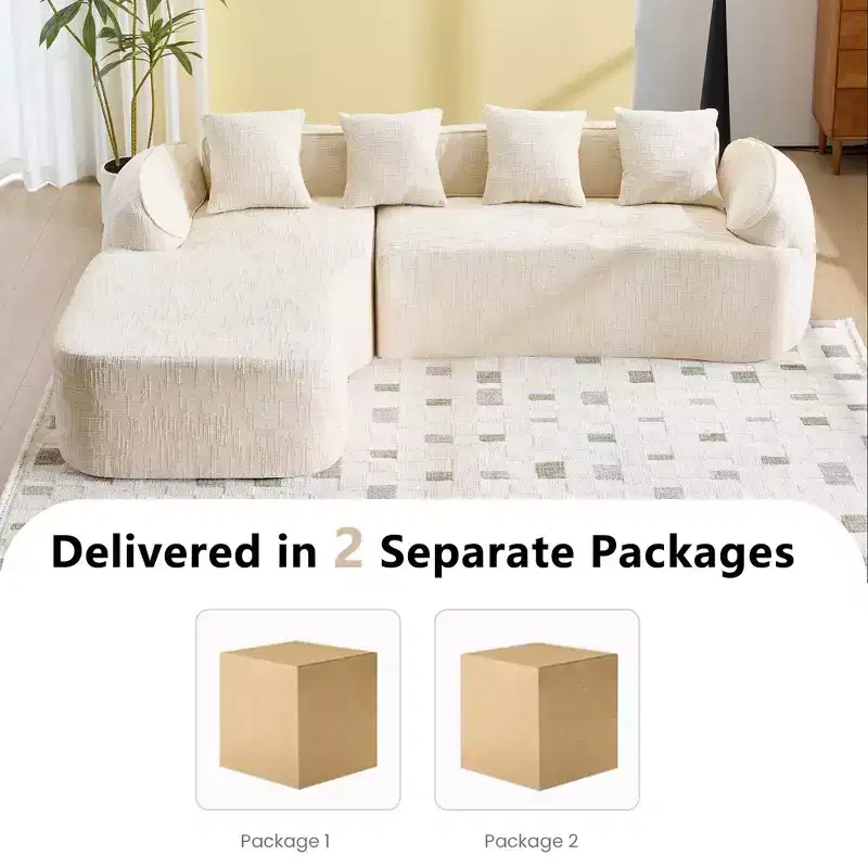 Clihome High-Elastic Chenille L-Shaped Sofa - Curved Armrests & 4 Free Pillows Included
