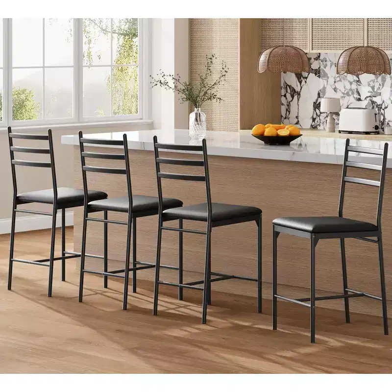 4 Pack Counter Height Bar Stools, Upholstered Faux Leather Bar Chairs with Thick Cushion, Back Support and Footrest for Kitchen Island