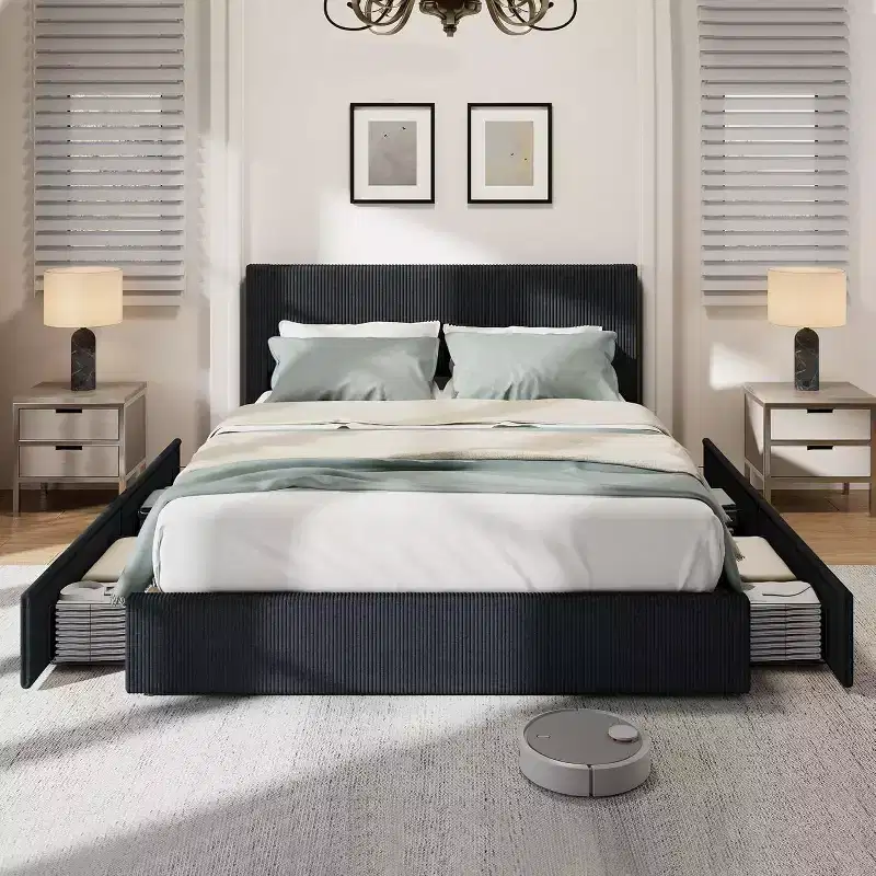 Corduroy Bed Frame with Headboard, Upholstered Platform with 4 Storage Drawers, Wood Slat Support, No Box Spring Needed