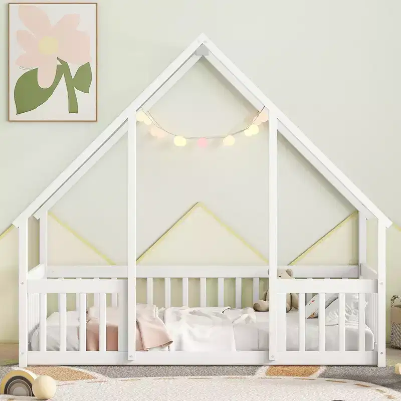 Twin Wood House-shaped Floor Bed with Fence, Guardrails White