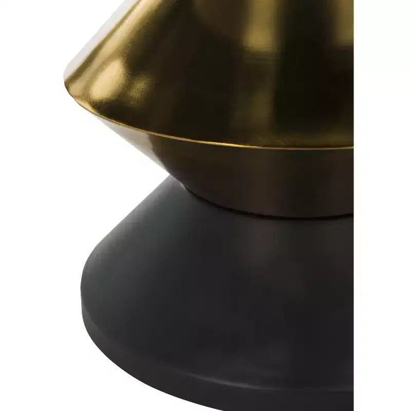 Round Stone Top Side Table with Black & Gold Hourglass Base, Modern Sculpture Accent