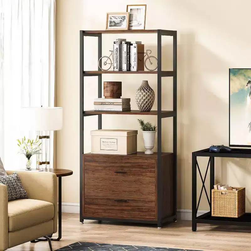 4-Tier Bookshelf with 2 Drawers – Metal Frame, Particle Board, 60