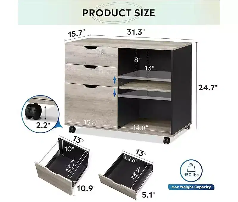 GALAXHERO 3-Drawer Wood File Cabinet, Mobile Lateral Filing Cabinet, Printer Stand with Open Storage Shelves for Home Office