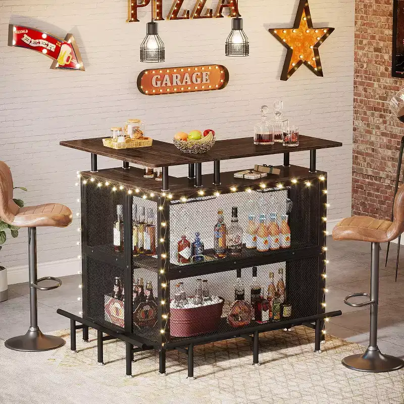 Lantine L-Shaped Home Bar Unit: Rustic Brown, with stemware racks, 2-tier shelves, footrest.