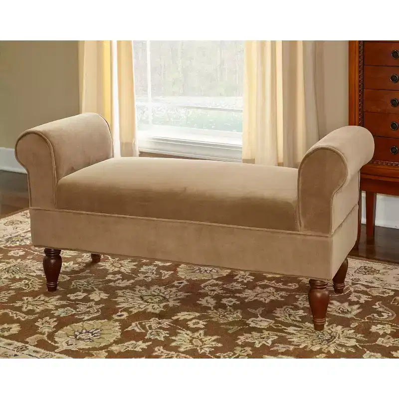 Velvet Upholstered Bench with Rolled Arms