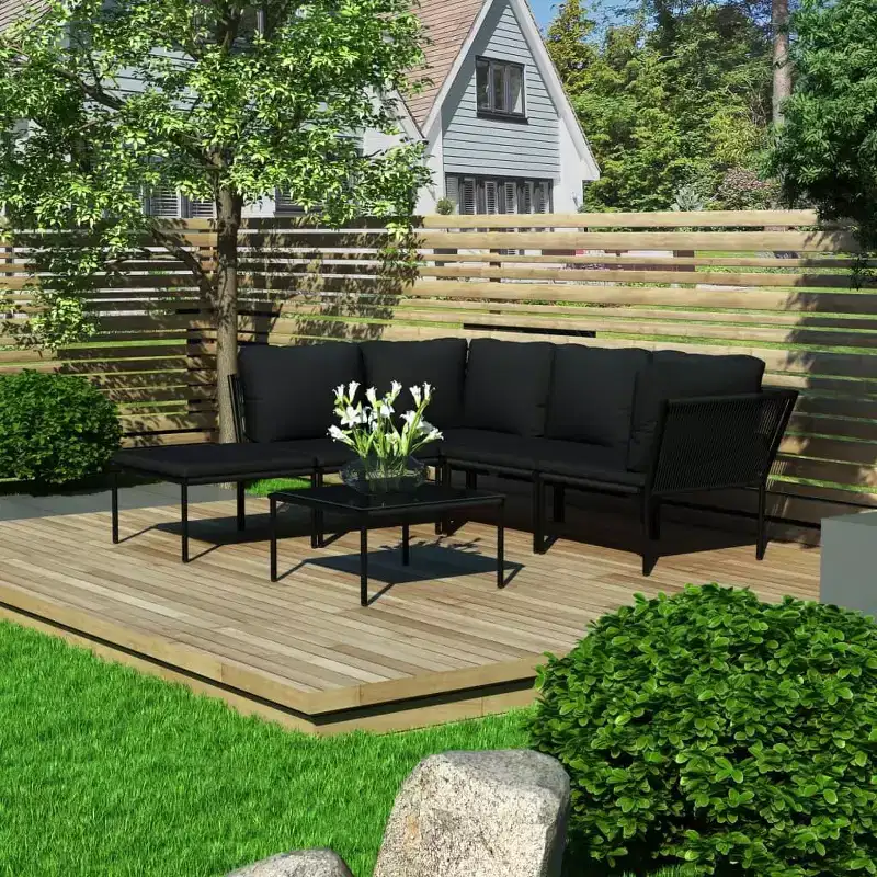 vidaXL 6 Piece Outdoor Patio Lounge Set with Cushions - Modular Black PVC Furniture Set with Steel Frame - Ideal for Garden, Patio & Outdoor Spaces