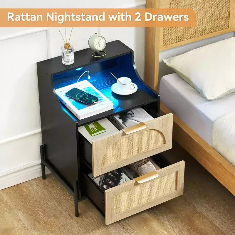 GustoWave Wood Curved-Edge Bedside Table with Light, Three-Drawer Bedroom/Living Room Accent Table, Natural Compact Nightstand