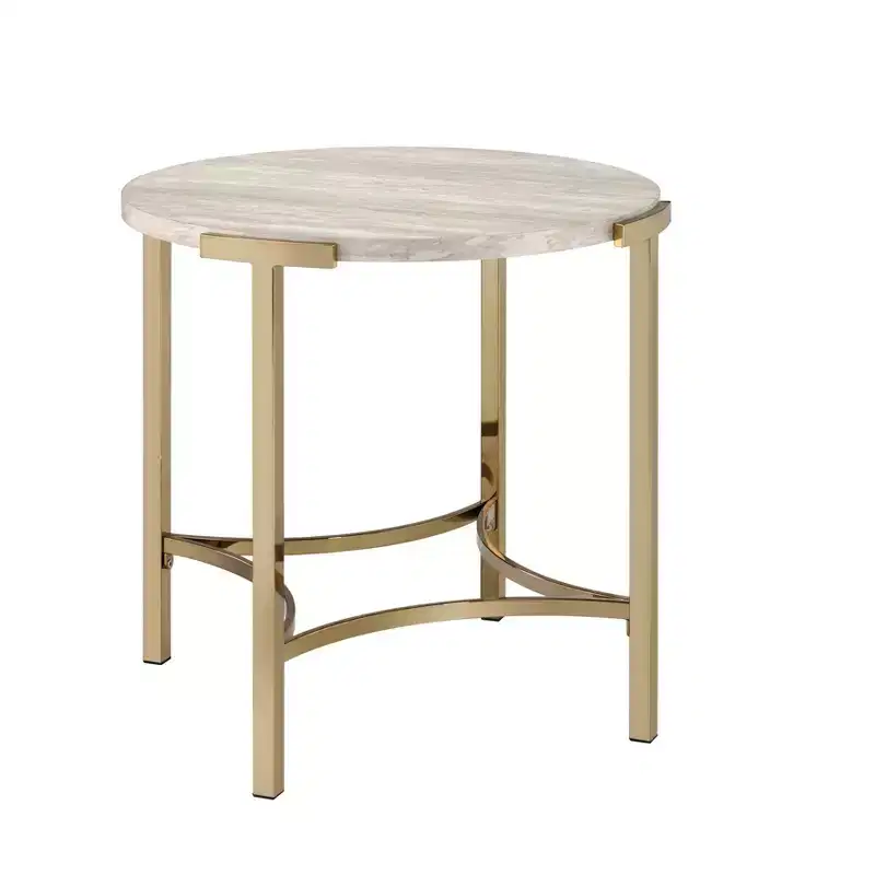 Modern Round End Table – Champagne Gold Legs & Faux Marble Top, 24x24 in