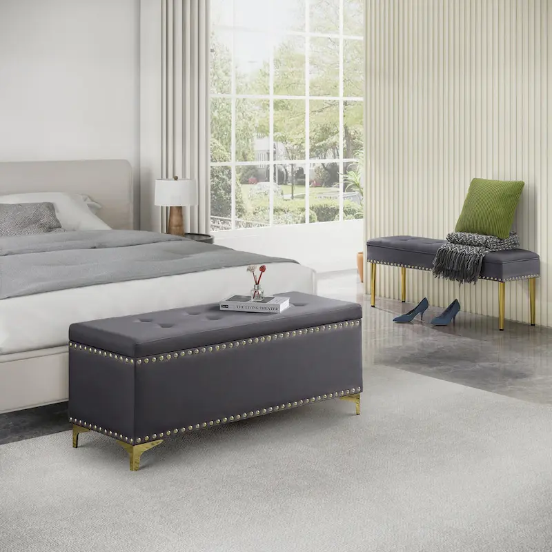 2 in 1 Combination Tufted Velvet Benches Set with Gold Leg and Nailhead Trim