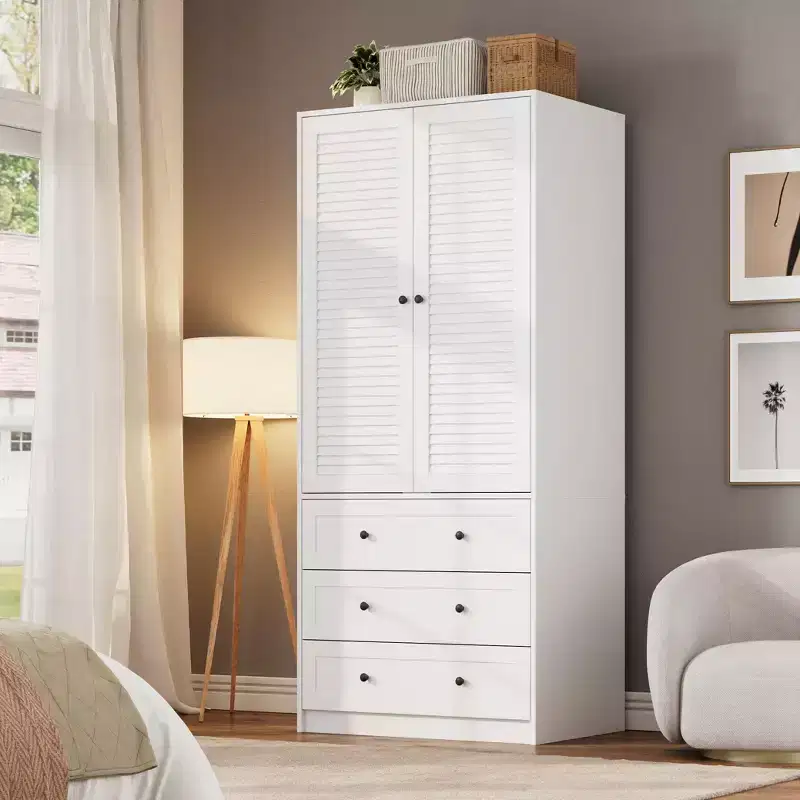 Armoire Wardrobe with 3 Drawers & 2 Doors, Modern Wooden Closet Cabinet for Bedroom, Heavy Duty White Standing Armoire