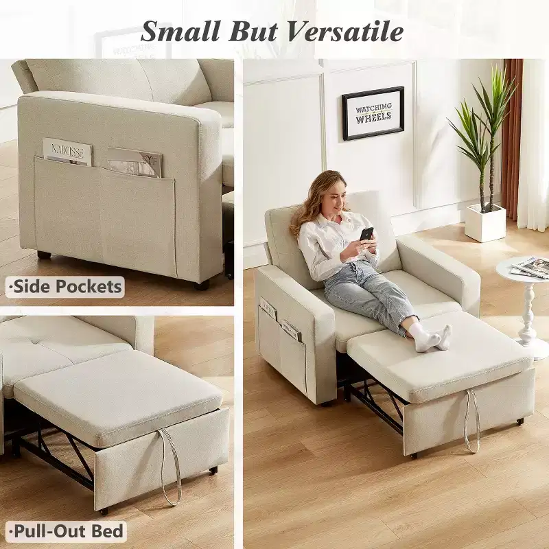 42.5 Inch 3-in-1 Sleeper Chair Bed, Convertible Sofa Chair with Pull Out Bed, Adjustable Backrest, Side Pockets