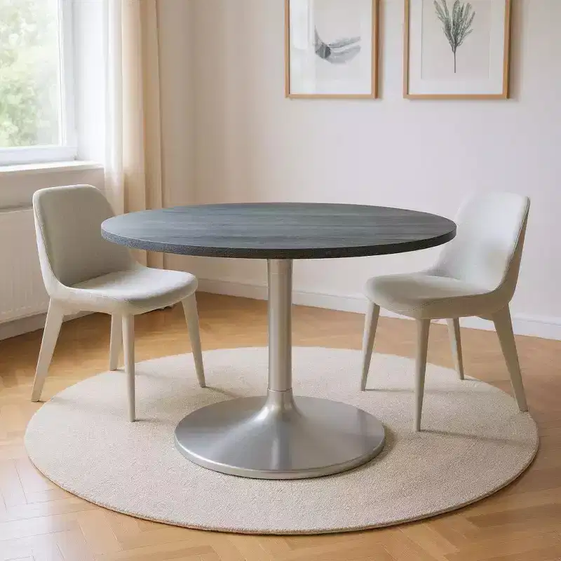 HomeRoots 60 Gray and Silver Marble and Aluminum Pedestal Base Round Top Dining Table