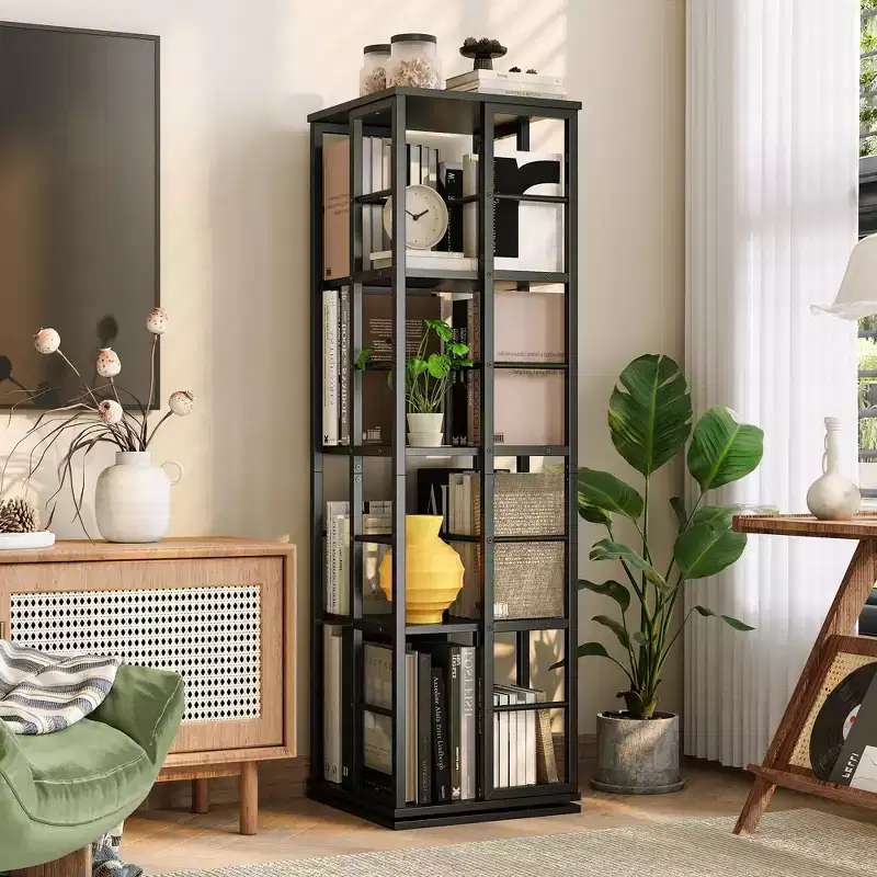 360Rotating Bookshelf, 54 inch Tall Metal Spinning Bookshelf Tower, Industrial Revolving Bookcase, Freestanding Book Shelf Organizer for Living Room