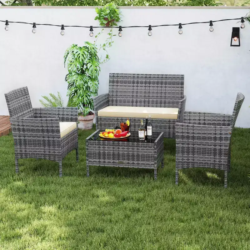 Costway 4 PCS Patio Furniture Set with Washable Cushions and Tempered Glass Coffee Table Gray