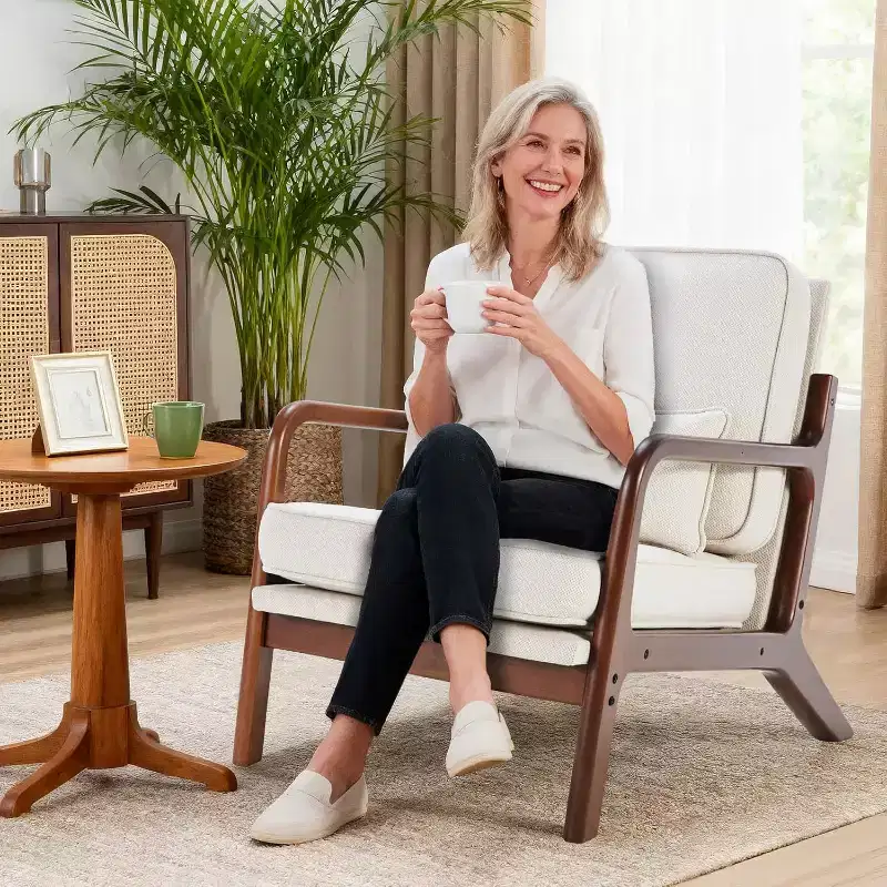 Summit Adventure Mid Century Modern Accent Chair with Arms Waist Cushion Solid Wooden Frame Cream Lounge Chair