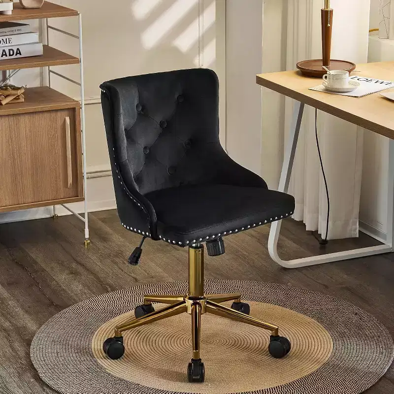 VINGLI Black Velvet Armless Home Office Desk Chair with Gold Base/Wheels, Small Cute Vanity/Makeup Chairk, Upholstered Adjustable Swivel Nail Chair