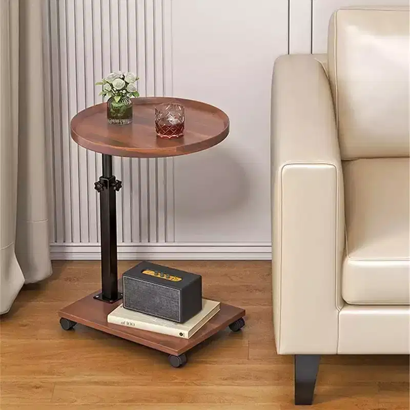 2 Tier Round Side Table, 360 Rotating Height-Adjustable Side Table with Storage & Wheels, Mobile Tray Tables for Living Room, Bathroom, Bedroom