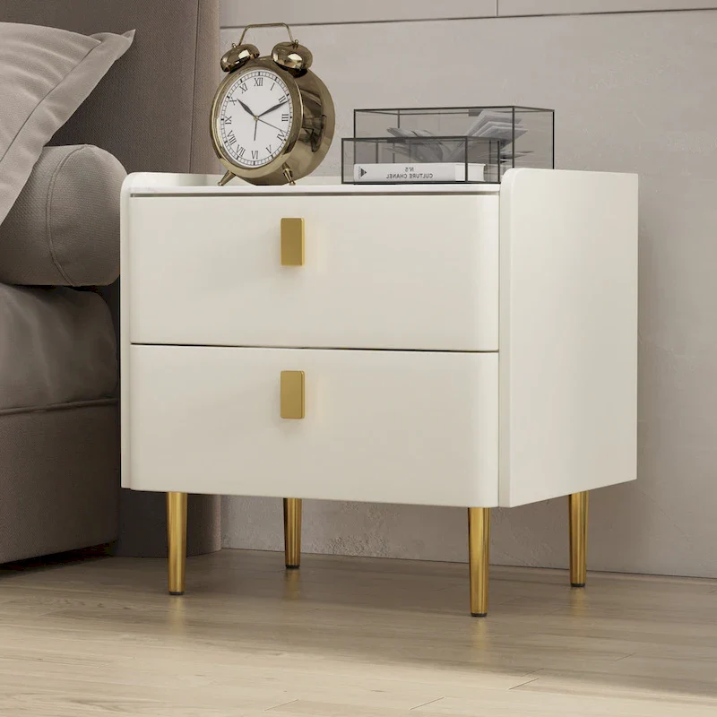 Modern 2-Drawer Faux Leather Nightstand | Stone Look | Grey/Orange/Beige