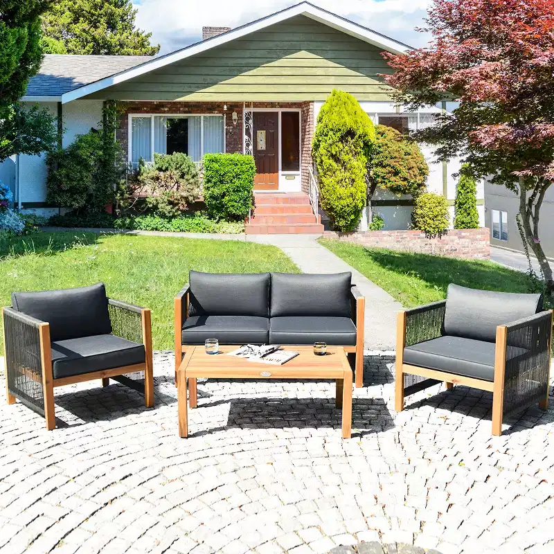 Costway 4PCS Wooden Patio Furniture Set Cushioned Sofa W/Rope Armrest White\Turquoise\Red
